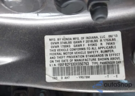 2013 Honda Civic Lx z USA, uszkodzony, nr VIN 19XFB2F53DE050763